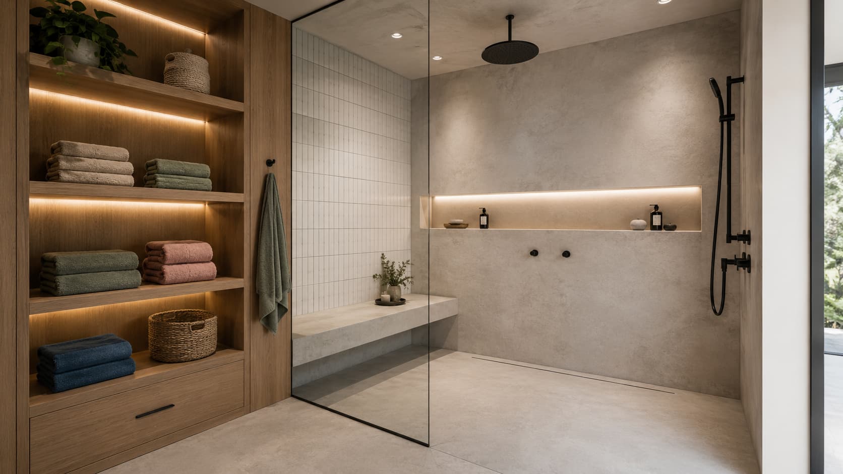 Custom walk-in shower with large-format porcelain tile, rain head, and frameless glass enclosure installed by CMK Construction in Tampa