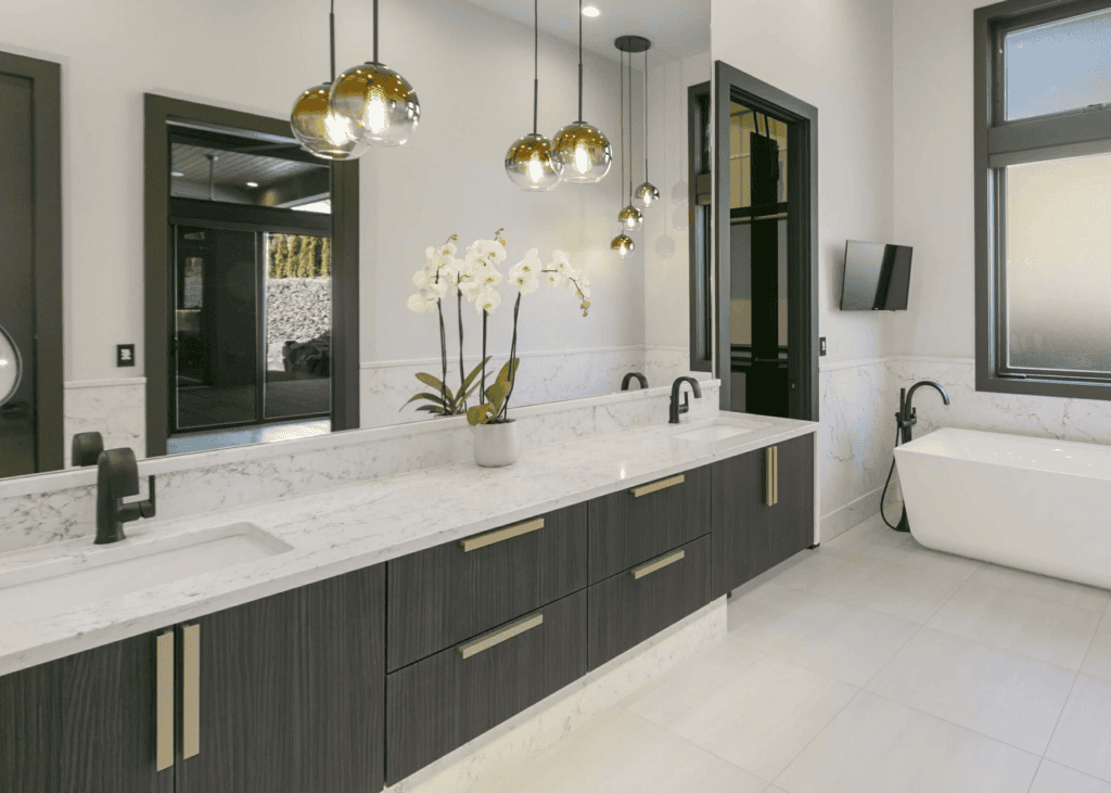 Modern bathroom with elegant fixtures and decor.