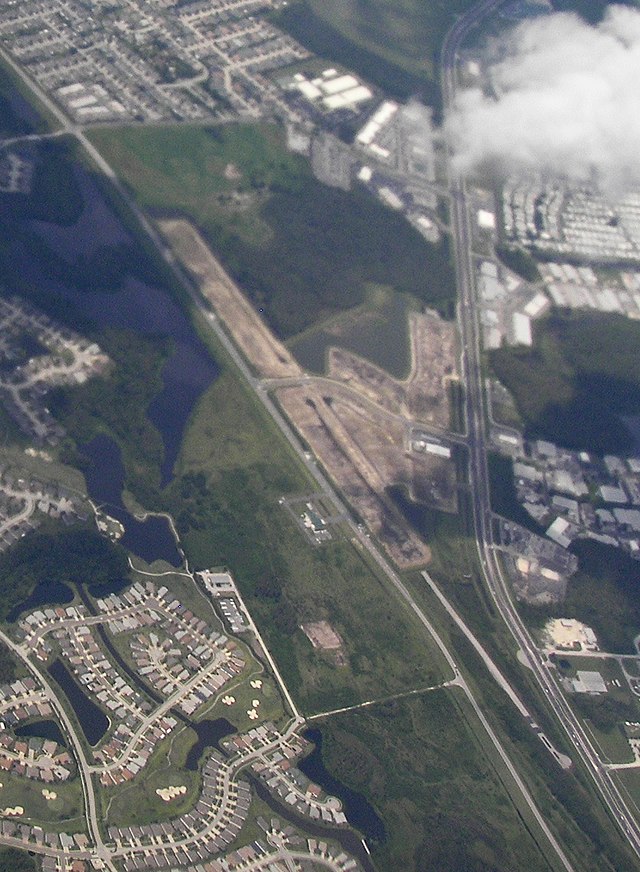 Aerial view of suburban area and waterways.
