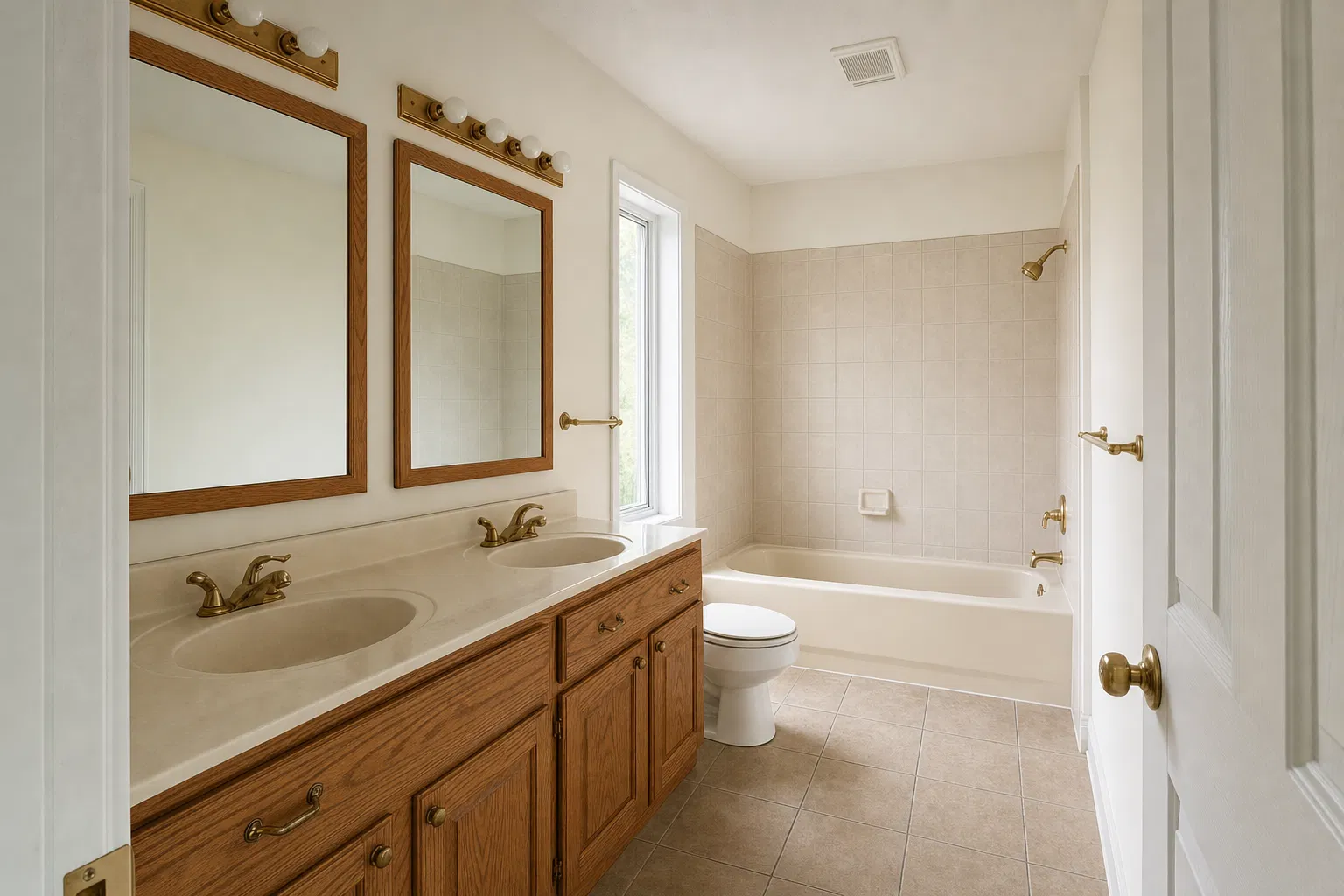 Dated 1990s bathroom with builder-grade oak vanity and fiberglass tub shower combo before CMK Construction remodel in Clearwater