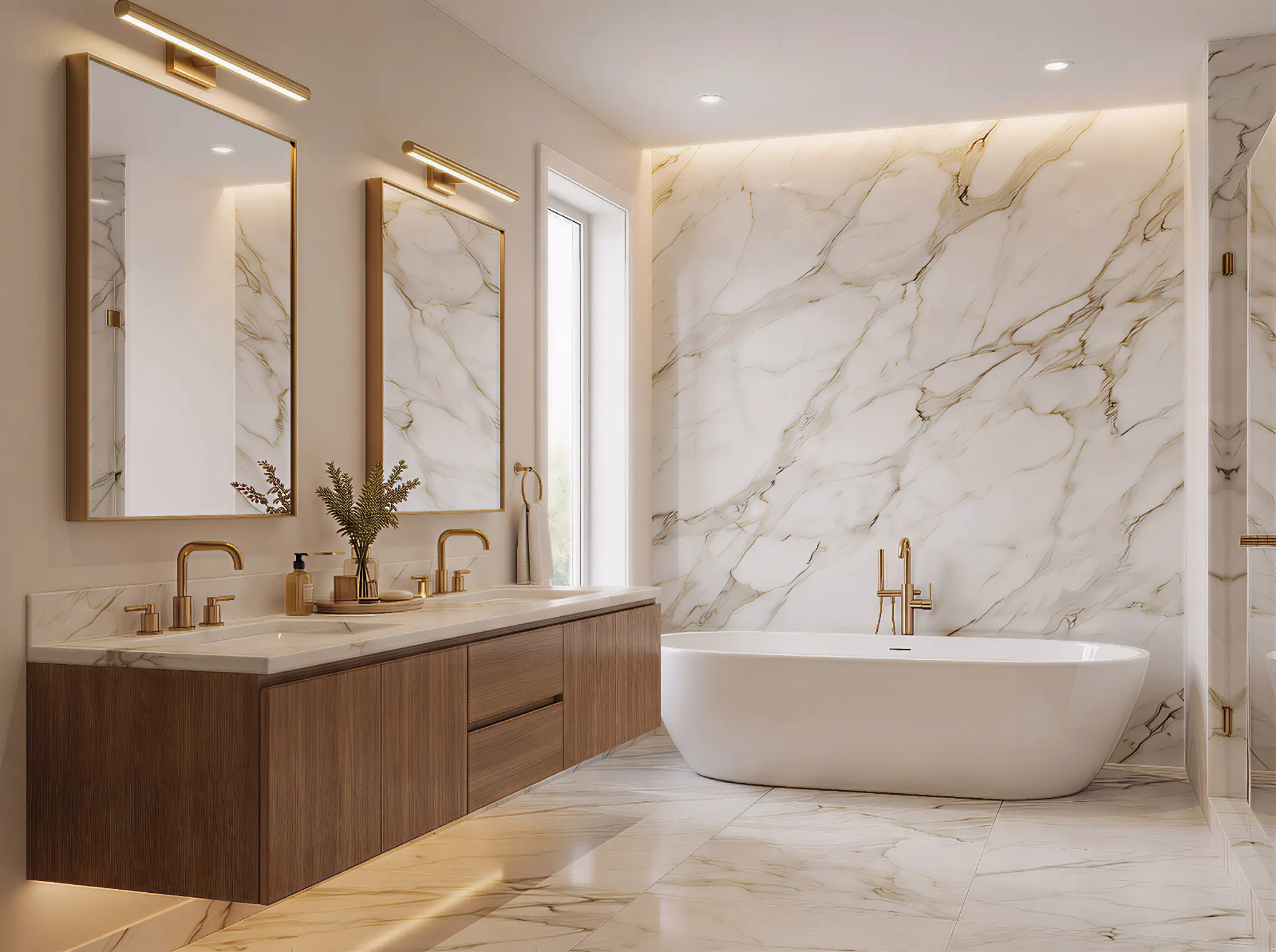 Luxury walk-in shower bathroom remodel with frameless glass enclosure and custom vanity in Tampa Bay by CMK Construction