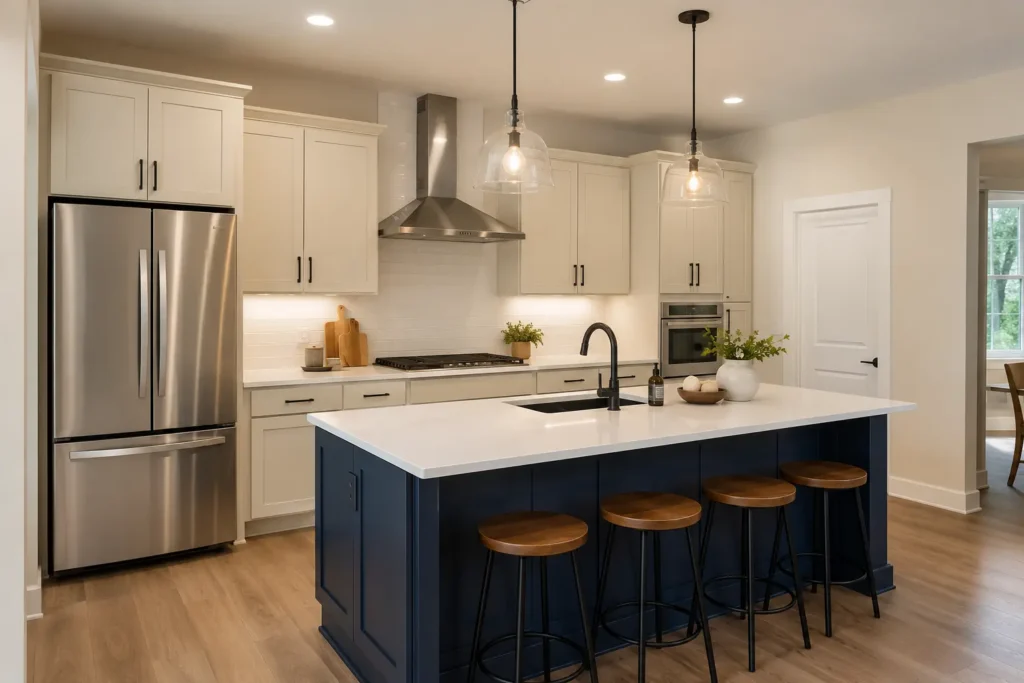 An elegant two-tone kitchen featuring warm cream Slim Shaker perimeter cabinets with a deep navy blue Shaker island, matte black hardware, and quartz countertops
