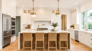 Modern bright kitchen renovation featuring white shaker cabinets, a large central island with a light wood base and quartz countertop, four woven counter stools, dual brass pendant lights, gold hardware, and stainless steel appliances.