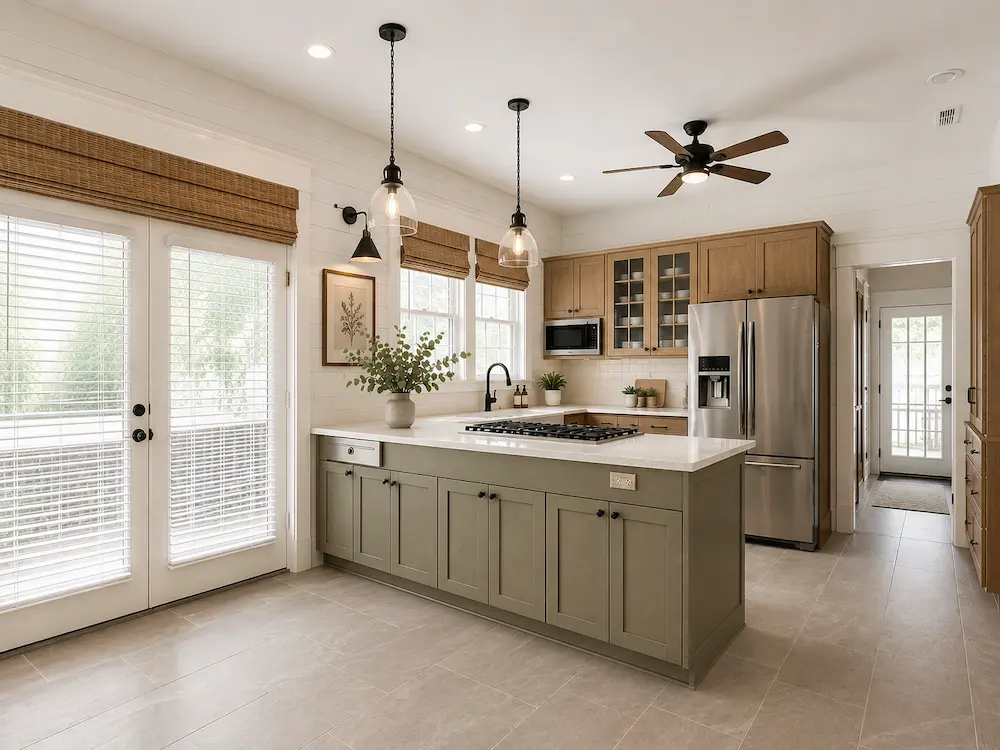 Period-correct kitchen remodel in a Seminole Heights Tampa bungalow with custom shaker cabinetry, marble countertops, and refinished original pine floors by CMK Construction