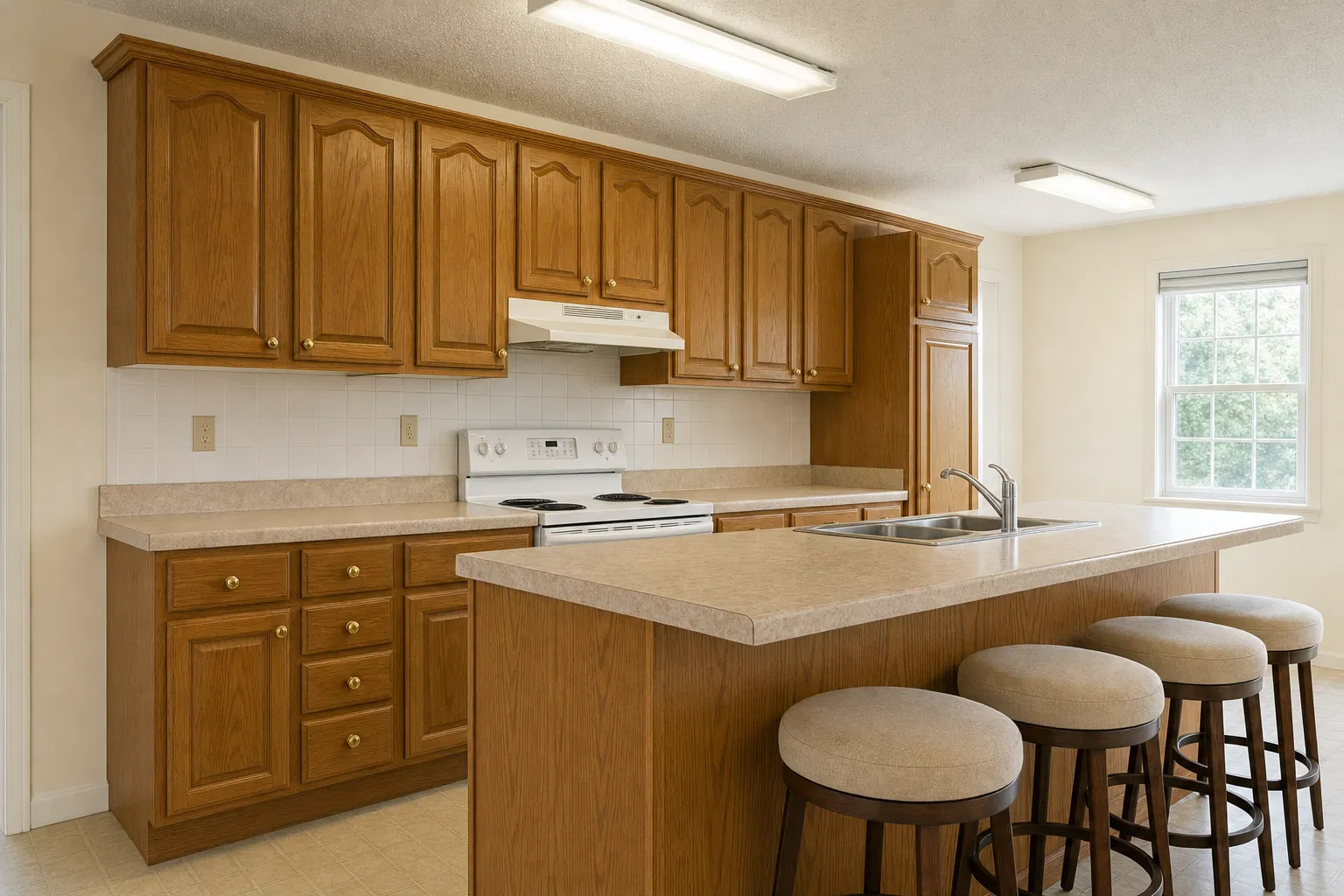 Dated 1990s kitchen with oak cabinets laminate countertops and white appliances before CMK Construction remodel in Tampa