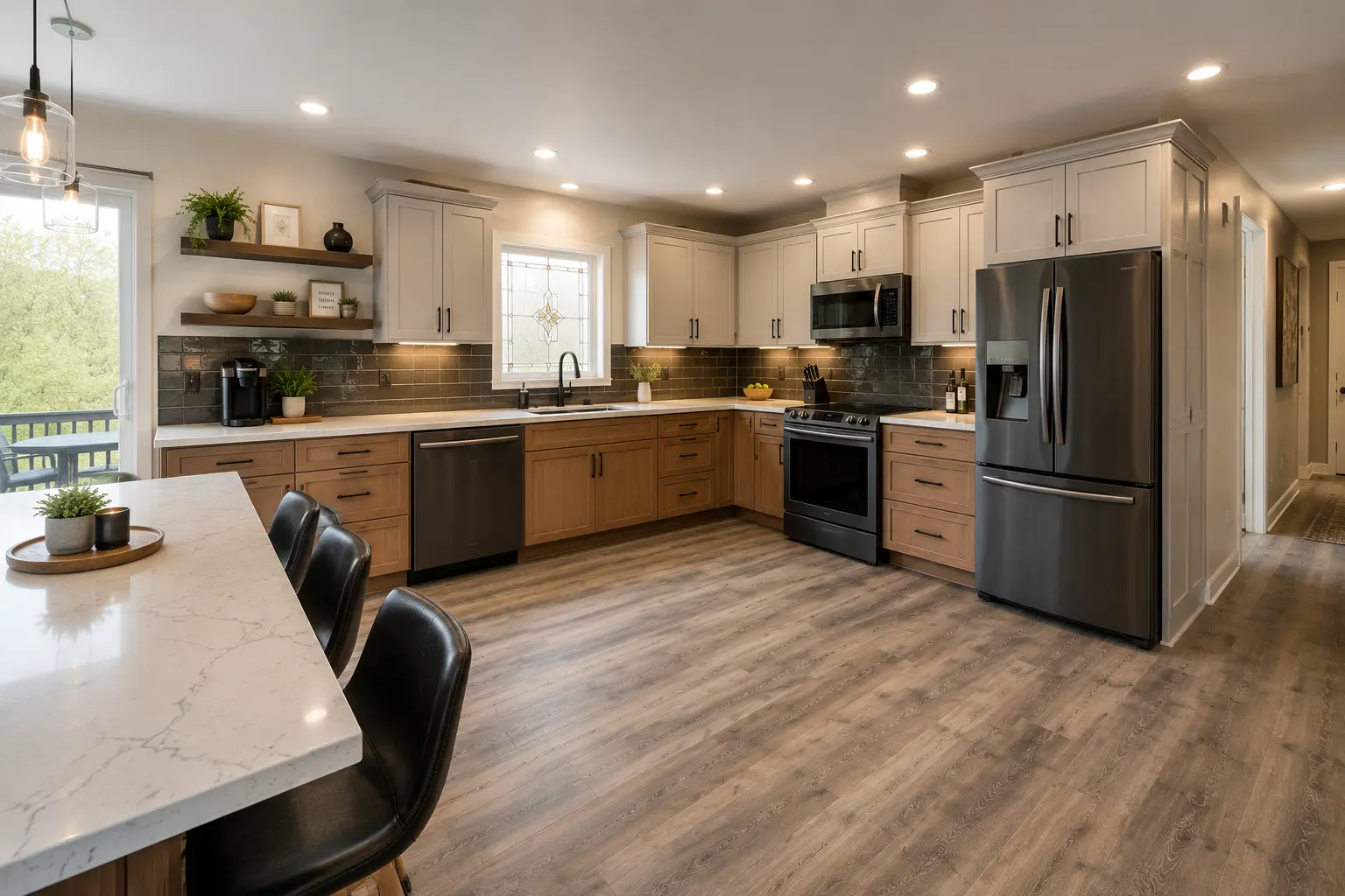 Open-concept kitchen remodel in Palma Ceia South Tampa with white shaker cabinets, quartz island, and pendant lighting by CMK Construction