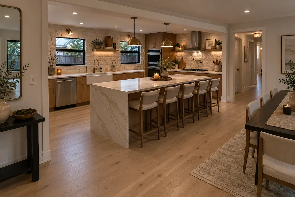 Full custom open-concept kitchen remodel in a Tampa Palms home with two-tone navy and white cabinetry, quartz waterfall island, and premium appliances by CMK Construction