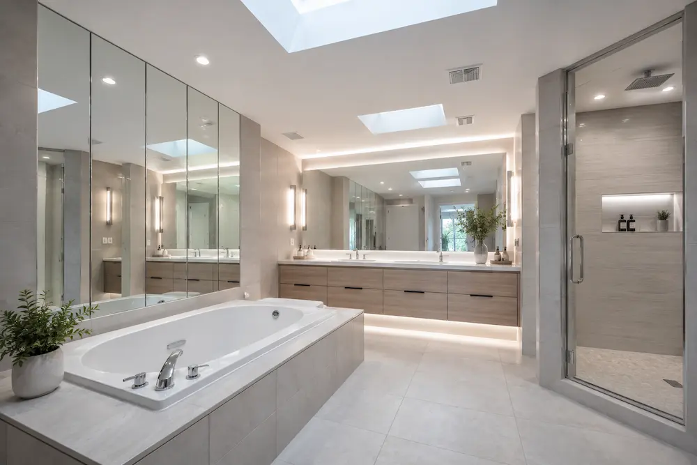 Period-correct bathroom remodel in a Seminole Heights Tampa bungalow with restored cast-iron tub, subway tile, and original hex floor refinished by CMK Construction