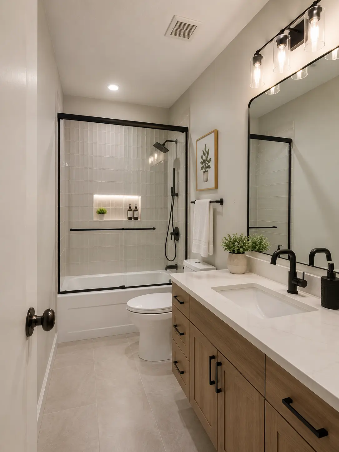 Custom walk-in shower with large-format tile, bench, and frameless glass in a Carrollwood Tampa home after tub-to-shower conversion by CMK Construction