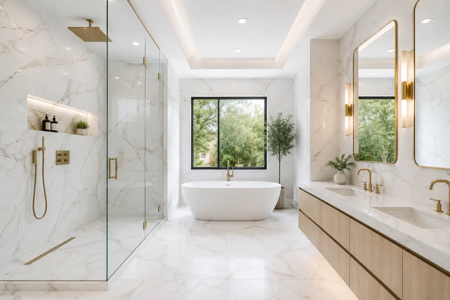 High-end custom bathroom remodel in Tampa FL with tiled walk-in shower, freestanding tub, and double vanity by CMK Construction
