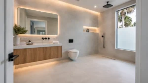 Wet bath in modern bathroom, large bay window reveals palm trees behind obscured glass
