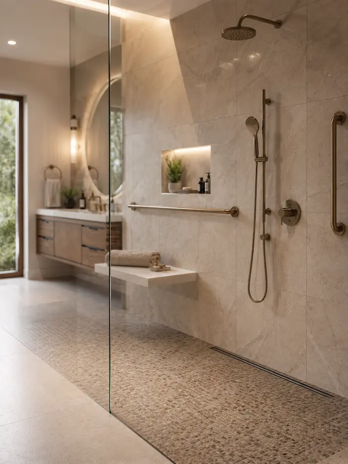 Accessible curbless bathroom with grab bars and seating by CMK Construction in Tampa