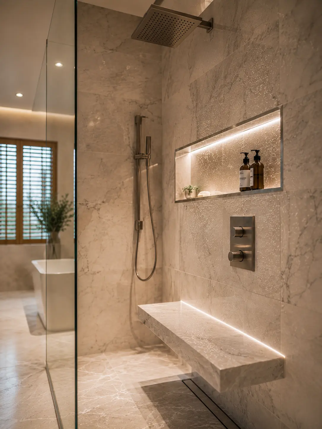 Custom tiled walk-in shower built by CMK Construction in Tampa