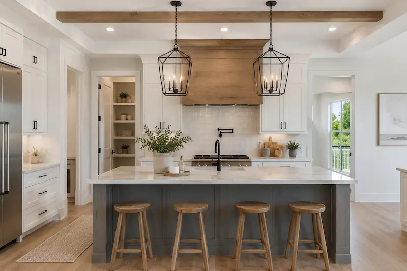 Modern farmhouse kitchen remodel with island, white shaker cabinets, and wood beam accents in a St. Petersburg home by CMK Construction